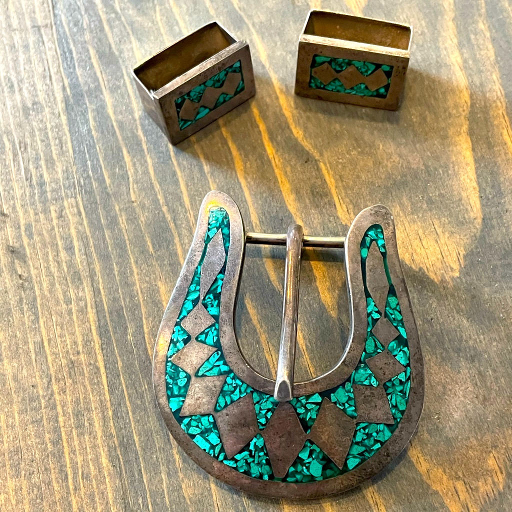 Sterling Silver Inlayed Belt Buckle & 2 Holders
